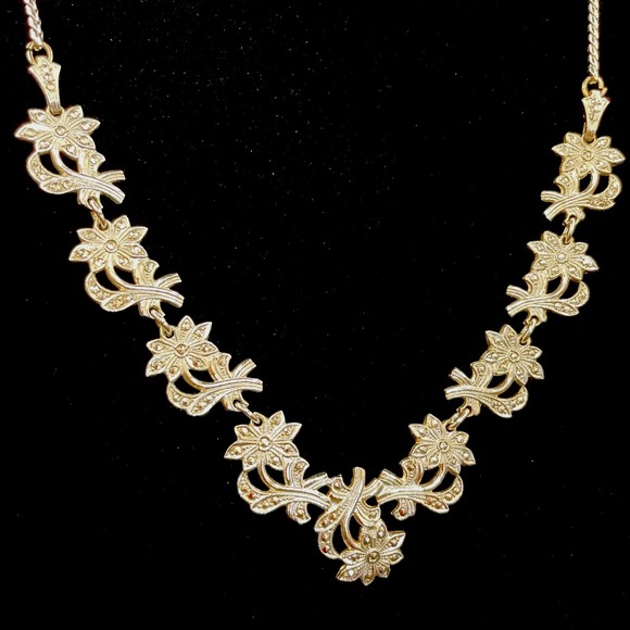 B&K Jewelry - Sterling Silver 925 And Marcasite Necklace B&K 15" Art Deco Vintage 19.86g
